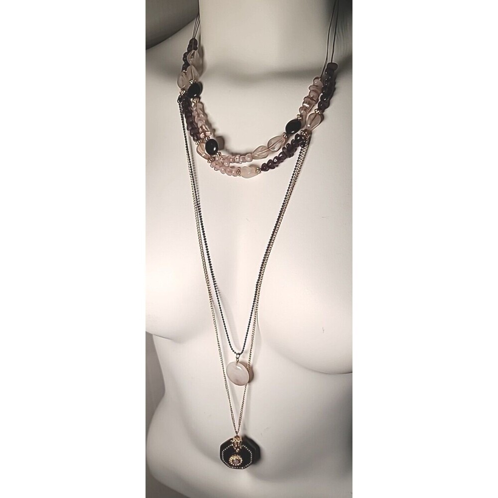Vintage Erica Lyons Layered 4 Strand Black  Pink Gray Gold Necklace 36"